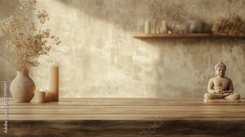 Empty wooden table, with Buddha statue in minimalist Scandinavian style