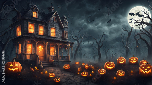 Haunted house in the distants no people, dark and shadowy, halloween punkins. ai generated.