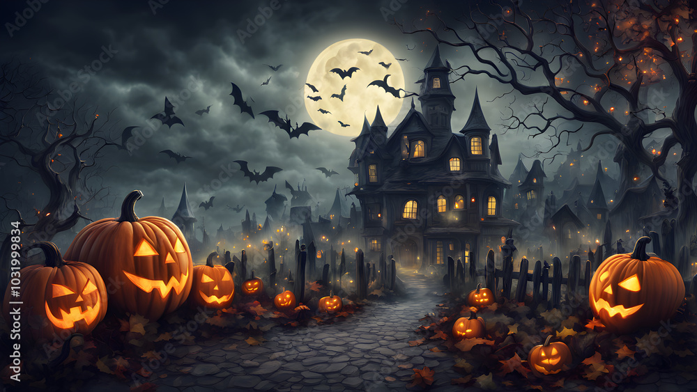 Haunted house in the distants no people, dark and shadowy, halloween punkins. ai generated. Haunted house in the distants no people, dark and shadowy, halloween punkins. ai generated.