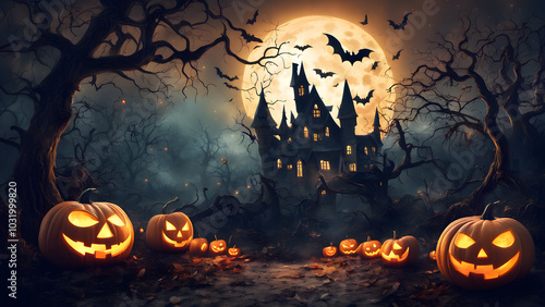 Haunted house in the distants no people, dark and shadowy, halloween punkins. ai generated.