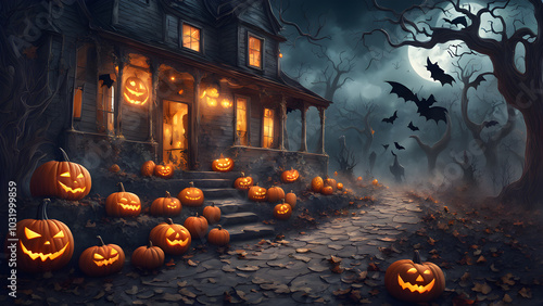 Haunted house in the distants no people, dark and shadowy, halloween punkins. ai generated.