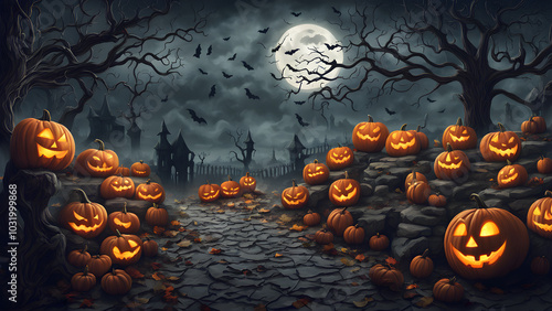 Haunted house in the distants no people, dark and shadowy, halloween punkins. ai generated.