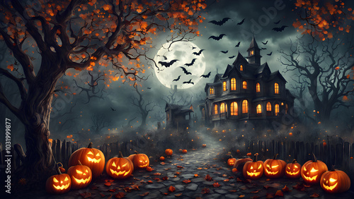 Haunted house in the distants no people, dark and shadowy, halloween punkins. ai generated.