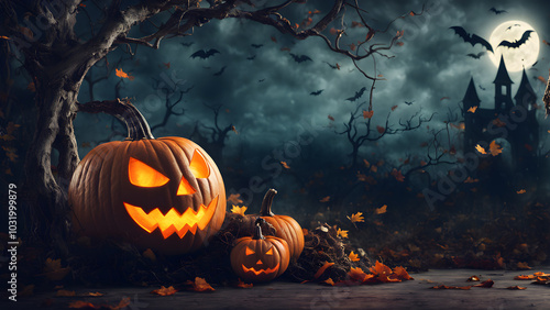 Haunted house in the distants no people, dark and shadowy, halloween punkins. ai generated.