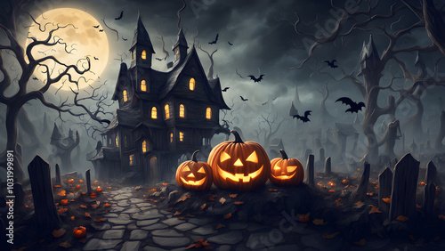 Haunted house in the distants no people, dark and shadowy, halloween punkins. ai generated.