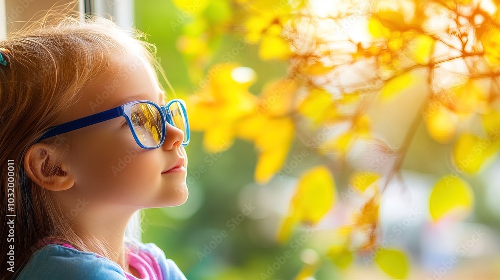 Young child wearing blue glasses focusing on distant tree outside window, symbolizing myopia prevention and importance of outdoor activities. Young child wearing blue glasses focusing on distant tree outside window, symbolizing myopia prevention and importance of outdoor activities.