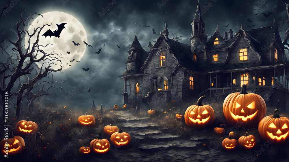 Haunted house in the distants no people, dark and shadowy, halloween punkins. ai generated. Haunted house in the distants no people, dark and shadowy, halloween punkins. ai generated.