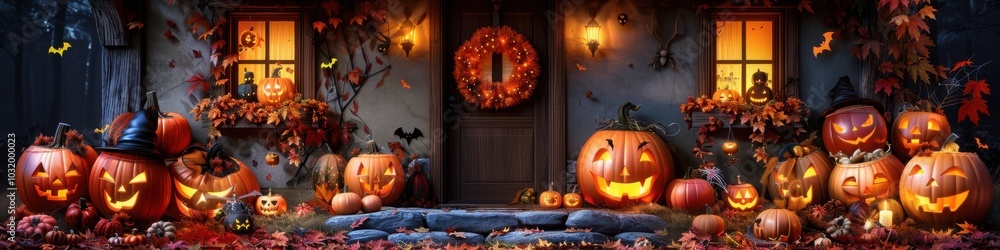 A front porch decorated with multiple glowing jack-o'-lanterns, wreaths, and autumn leaves, creating a warm and spooky Halloween atmosphere.
A front porch decorated with multiple glowing jack-o'-lanterns, wreaths, and autumn leaves, creating a warm and spooky Halloween atmosphere.