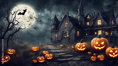 Haunted house in the distants no people, dark and shadowy, halloween punkins. ai generated.