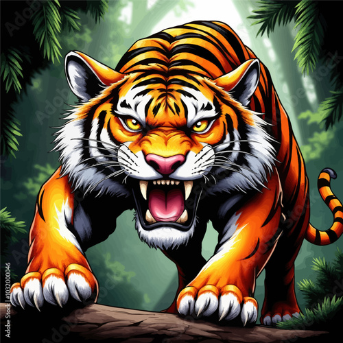 Roaring Tiger in Jungle Setting