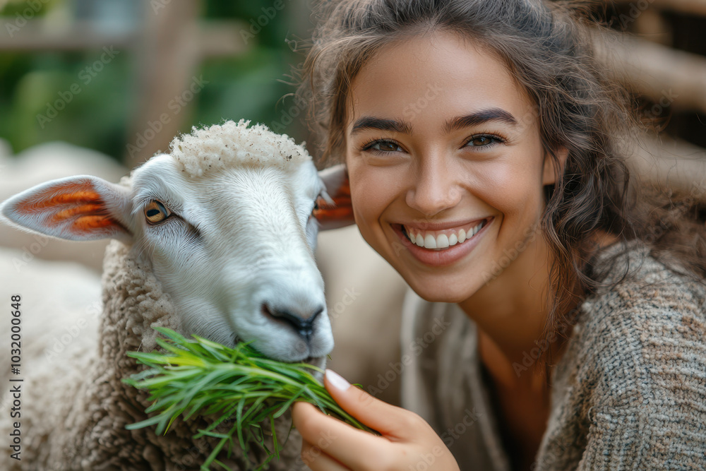 A happy woman feeding grass to sheep in a wooden enclosure on a farm. A happy woman feeding grass to sheep in a wooden enclosure on a farm.