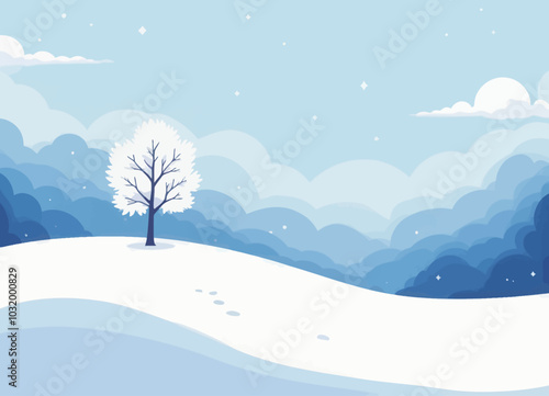 Snowy Landscape with Tree and Footprints