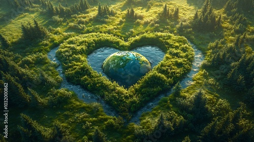 Generative AI scene showing a heartshaped Earth embedded in a green meadow surrounded by tall trees and flowing streams capturing the essence of environmental love for Earth Day photo