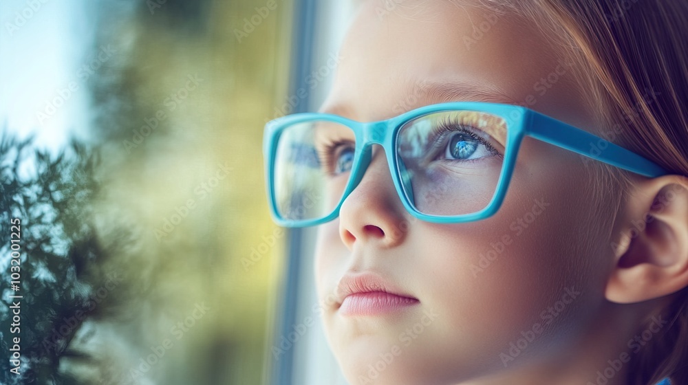 Young child wearing blue glasses focusing on distant tree outside window, symbolizing myopia prevention and importance of outdoor activities. Young child wearing blue glasses focusing on distant tree outside window, symbolizing myopia prevention and importance of outdoor activities.