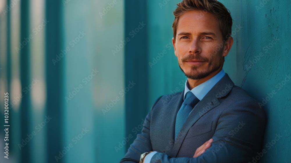 Confident man in a tailored suit poses against a vibrant blue wall outdoors Confident man in a tailored suit poses against a vibrant blue wall outdoors