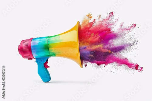 Colorful megaphone on a white background. Сolored dust is scattere. photo