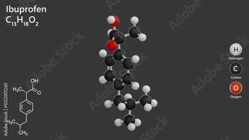 Photography Molecule of Ibuprofen (C13H18O2), is a nonsteroidal anti-inflammatory drug (NSAID) used to relieve pain, reduce fever, and alleviate inflammation