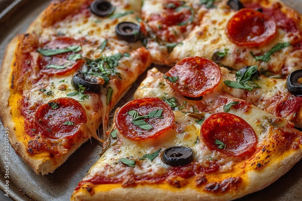 Pulling a slice of cheese pepperoni pizza. Close-up of pizza with salami and olives. Pulling a slice of cheese pepperoni pizza. Close-up of pizza with salami and olives.