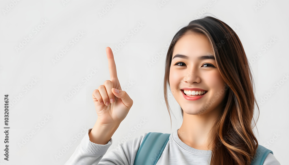 Teenager shows a sign of strength, happy female student, joyful expression and beautiful hair isolated with white highlights, png Teenager shows a sign of strength, happy female student, joyful expression and beautiful hair isolated with white highlights, png
