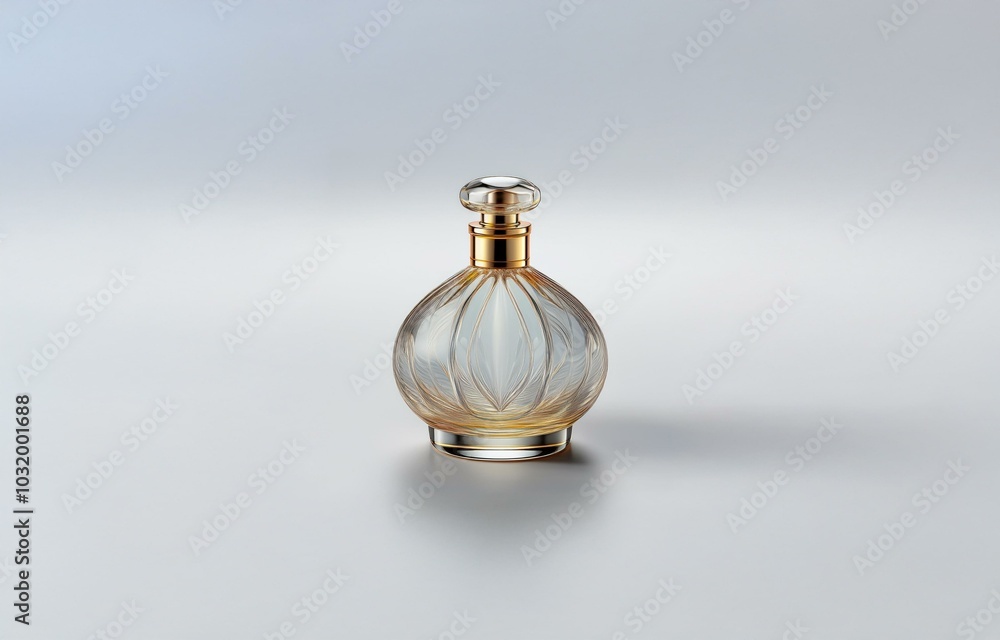 Glass perfume bottle with gold accents and a ribbed design stands on a white surface. Glass perfume bottle with gold accents and a ribbed design stands on a white surface.