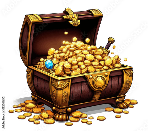 Treasure Chest Overflowing with Gold Coins and Sword