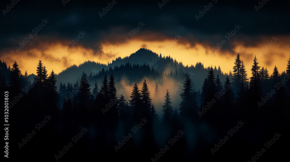 Majestic mountain silhouette beneath a dramatic sunset with dense forest in the foreground Majestic mountain silhouette beneath a dramatic sunset with dense forest in the foreground