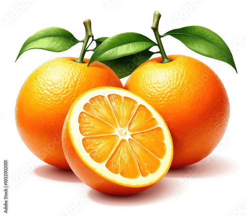 Two Whole Oranges and a Slice with Leaves