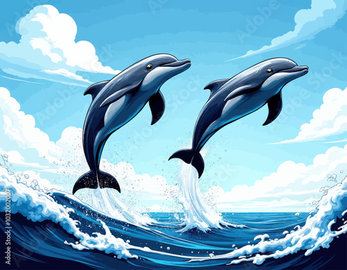 Two Dolphins Leaping in the Ocean 
