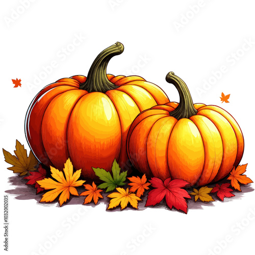 Two Pumpkins and Autumn Leaves 
