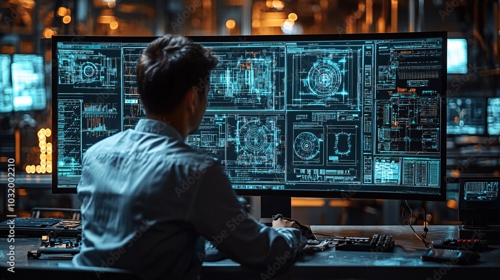 Focused Man Working on High-Tech Computer Display Focused Man Working on High-Tech Computer Display