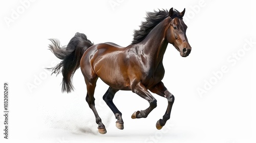 Energetic Brown Horse Running Isolated on White Background for Creative Projects