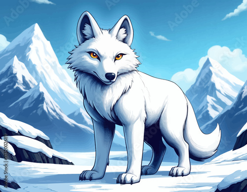 White Arctic Fox in Snowy Mountain Landscape 
