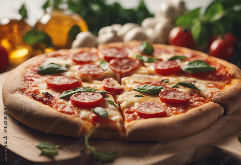 Pizza with cheese on top cut into slices on a wooden board with an isolated white background Pizza with cheese on top cut into slices on a wooden board with an isolated white background