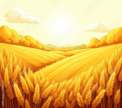 Wheat Field Landscape with Hills and Sun