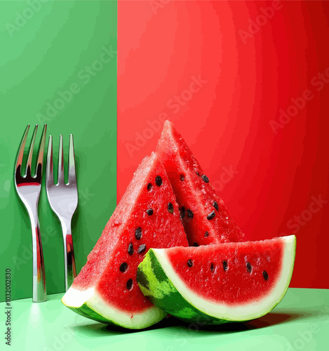 Watermelon Slices with Forks on Red and Green Background