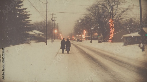 Fototapeta Naklejka Na Ścianę i Meble -  Nostalgic winter scene of couple walking down snowy street at dusk, illuminated by warm Christmas lights. Vintage-style photograph capturing holiday atmosphere in small town setting