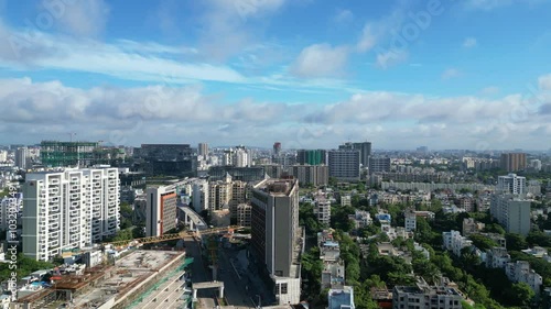 Pune IT park, Aerial view of Mumbai Pune City, Maharashtra, India. Drone shot of Mumbai skyline, beautiful cloudy weather during monsoon