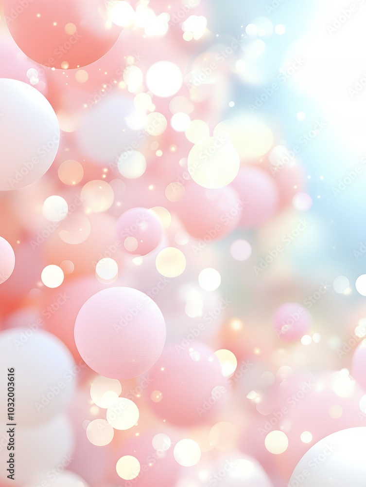 Soft pink and white bokeh lights and floating spheres on a light gradient background. Abstract dreamy background with gentle pastel tones. Celebration and romance concept Soft pink and white bokeh lights and floating spheres on a light gradient background. Abstract dreamy background with gentle pastel tones. Celebration and romance concept