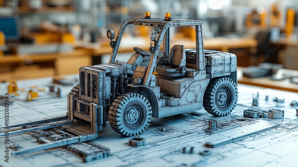 3D Blueprint of a Forklift in a Workshop Setting 3D Blueprint of a Forklift in a Workshop Setting