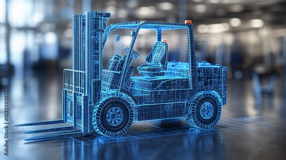 3D Blueprint of a Forklift in a Modern Warehouse Setting 3D Blueprint of a Forklift in a Modern Warehouse Setting