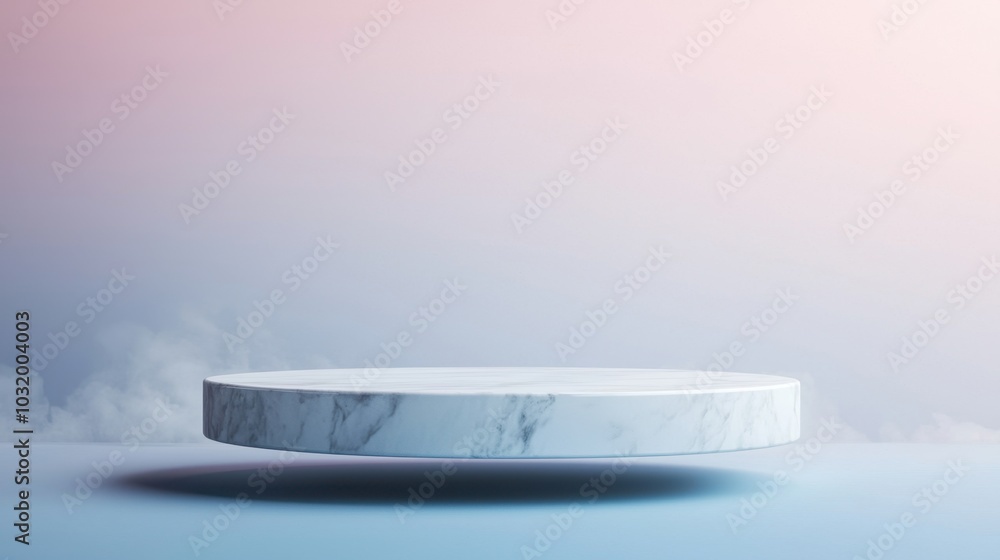 A sleek circular marble platform hovers above a soft gradient background creating a modern and ethereal aesthetic A sleek circular marble platform hovers above a soft gradient background creating a modern and ethereal aesthetic