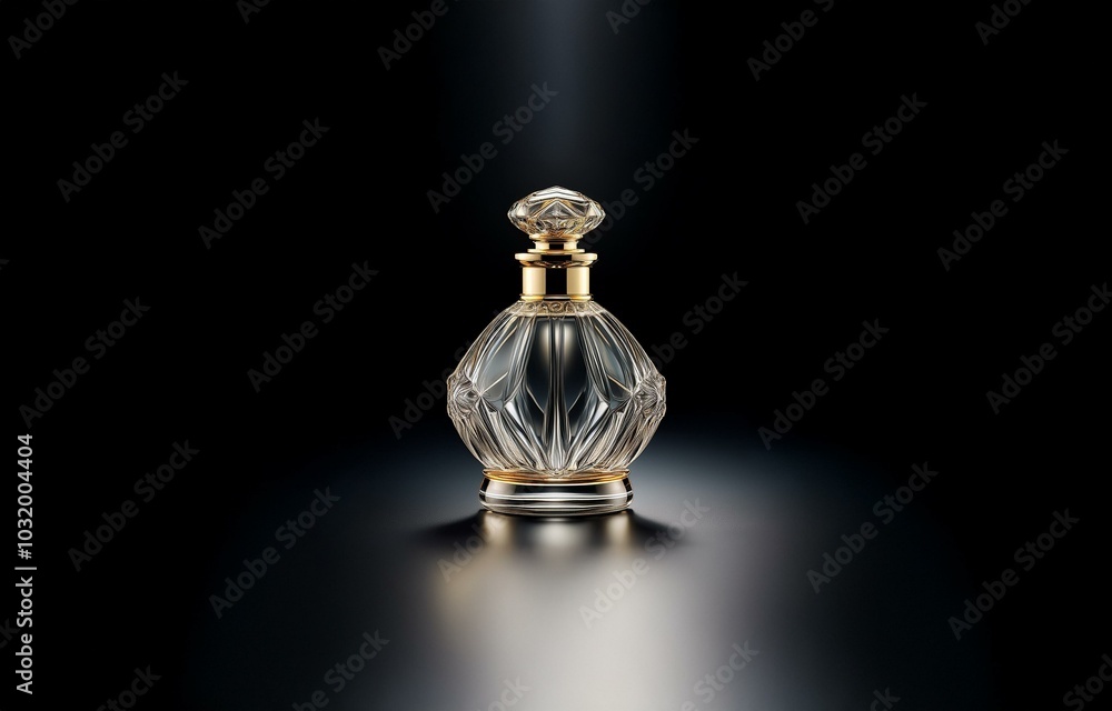 A crystal perfume bottle with a gold top sits on a dark reflective surface. A crystal perfume bottle with a gold top sits on a dark reflective surface.