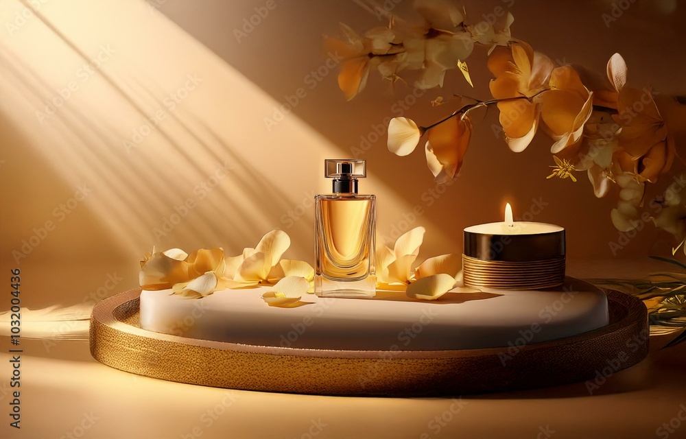 A golden tray holds a perfume bottle and a lit candle, surrounded by delicate petals and a branch of yellow flowers. A golden tray holds a perfume bottle and a lit candle, surrounded by delicate petals and a branch of yellow flowers.