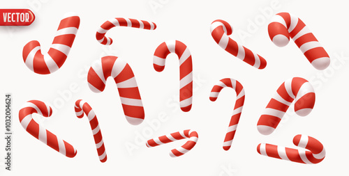 Collection Christmas candy canes in various shapes. Xmas sweets. Set red white striped candy canes in various dynamic positions, realistic 3d design isolated on light background. vector illustration