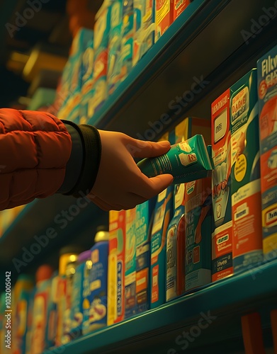 A hand reaching for a product on a shelf filled with various health and wellness items. photo