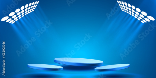 Giveaway podium with lighting, Stage Podium Scene with for Award, Decor element background. Vector illustration