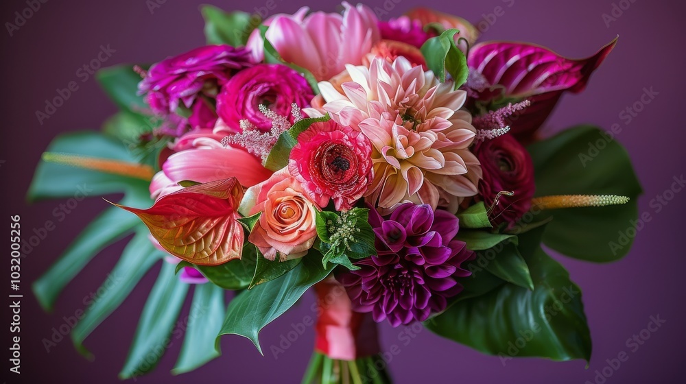 Vibrant floral arrangement in a striking vase set against a purple backdrop Vibrant floral arrangement in a striking vase set against a purple backdrop