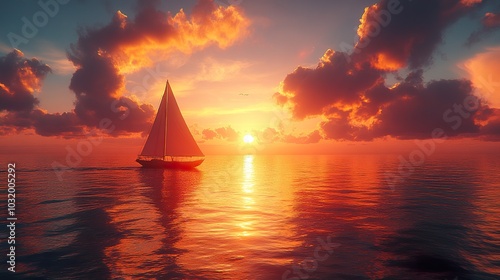 Sunrise over Calm Ocean with Distant Sailboat