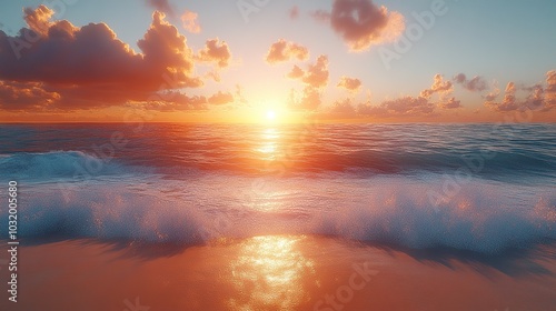 Sunrise over a Serene Beach with Gentle Waves photo