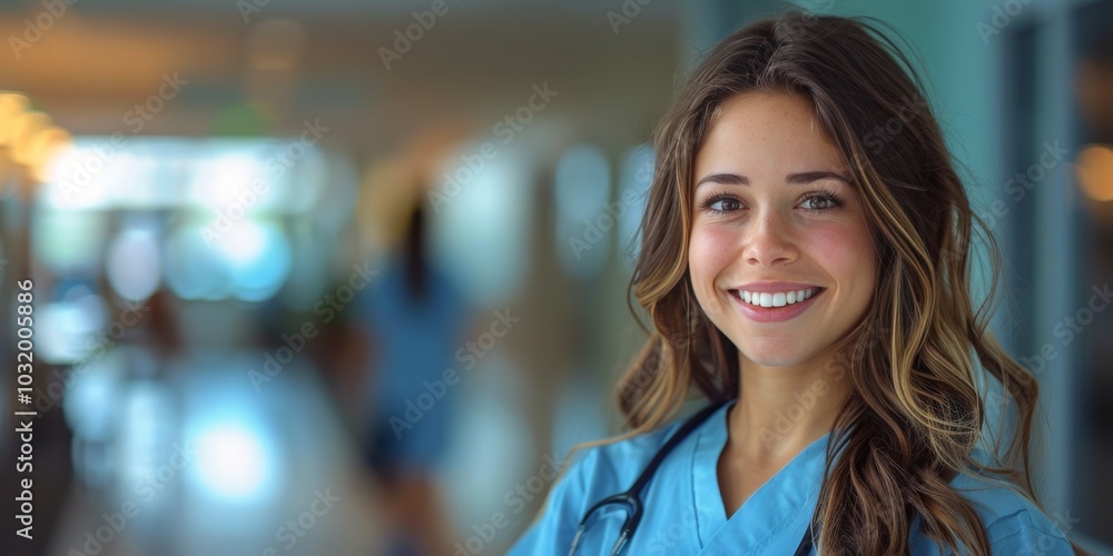 Smiling healthcare professional in a hospital setting with colleagues in the background Smiling healthcare professional in a hospital setting with colleagues in the background